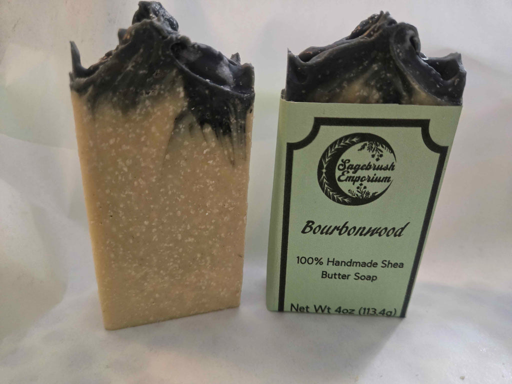Bourbonwood handmade cold-process soap bar, dark charcoal-coloured with a barrel-aged wood scent