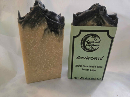 Bourbonwood handmade cold-process soap bar, dark charcoal-coloured with a barrel-aged wood scent