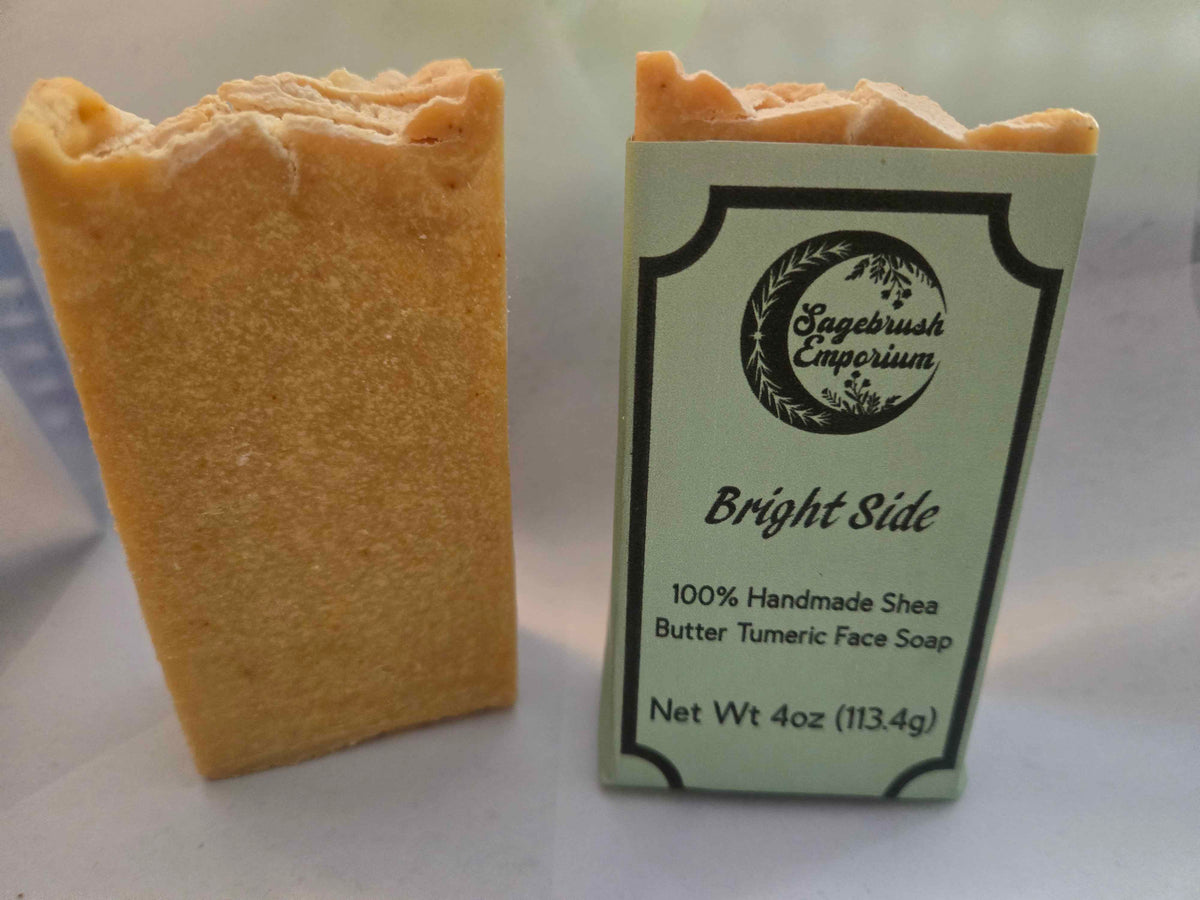 Bright Side turmeric and frankincense face bar, warm golden-yellow handmade soap